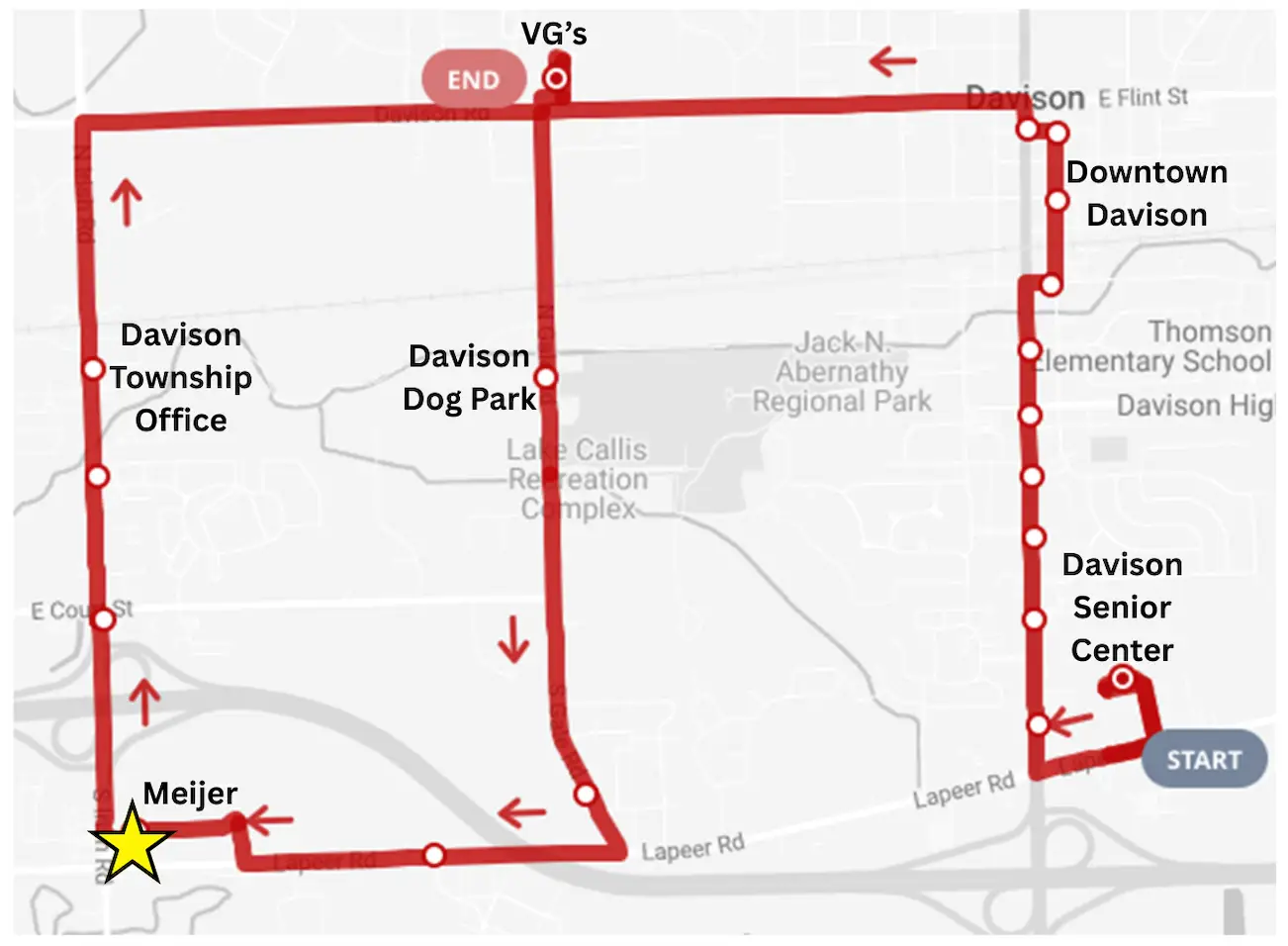 Inbound route map: Senior Center to Meijer to VG's