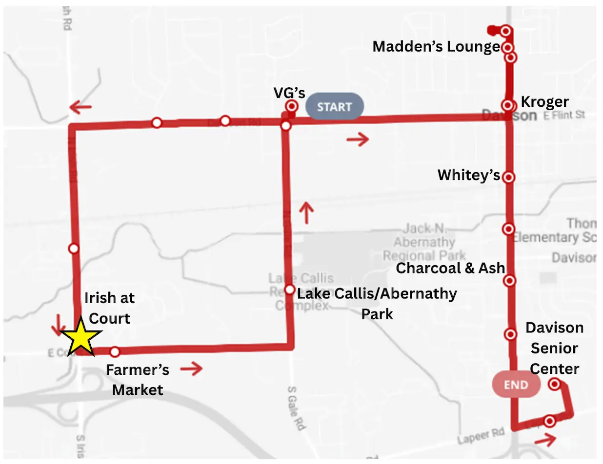 Outbound route map: VG's to Farmer's Market to Senior Center